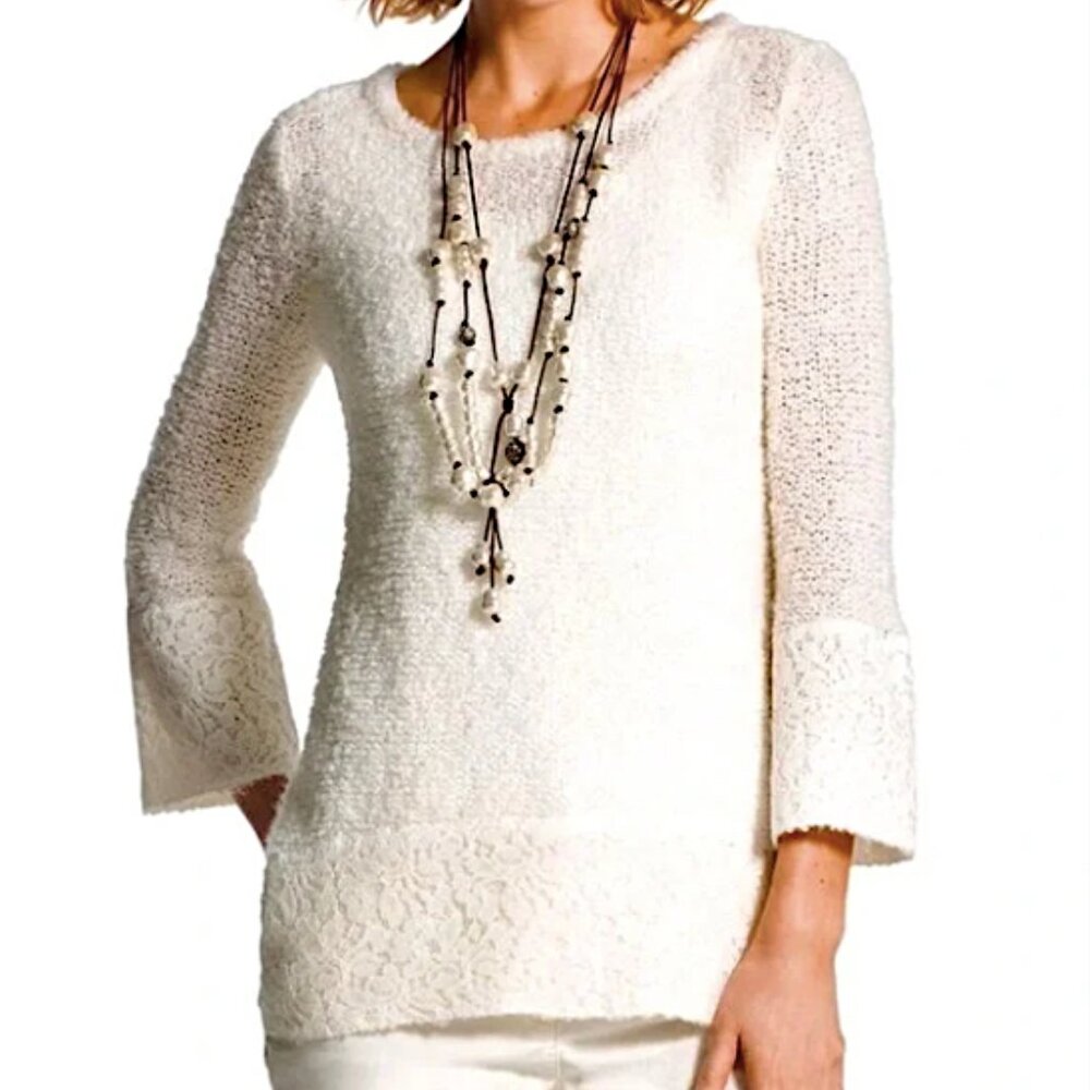 Chico’s Jasmine Lace Trim Women’s Sweater Wool Blend Ivory Tunic Size XL